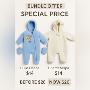 Baby Bundle – Blue Fleece & Cream Teddy Hooded Onesies | Special Offer